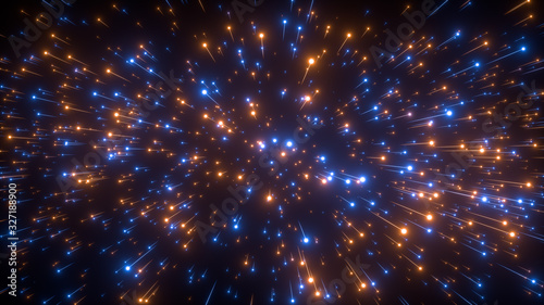 Abstract bright creative cosmic background. Hyper jump into another galaxy. Speed of light  neon glowing rays in motion. Beautiful fireworks  colorful explosion  big bang. Falling stars. 3d rendering