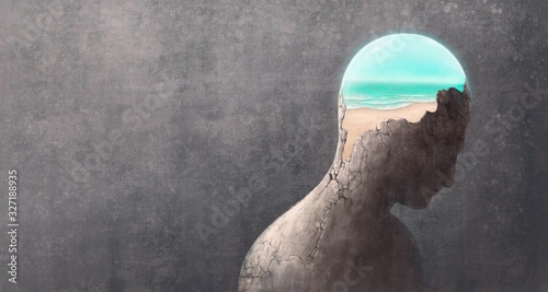 Broken head with the sea, surreal painting