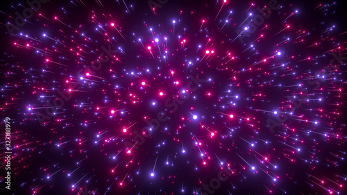 Abstract bright creative cosmic background. Hyper jump into another galaxy. Speed of light, neon glowing rays in motion. Beautiful fireworks, colorful explosion, big bang. Falling stars. 3d rendering © S.Gvozd