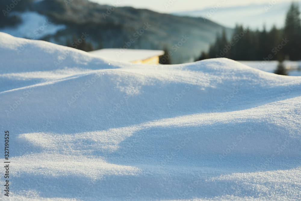 Beautiful snowdrift outdoors, closeup view. Winter weather