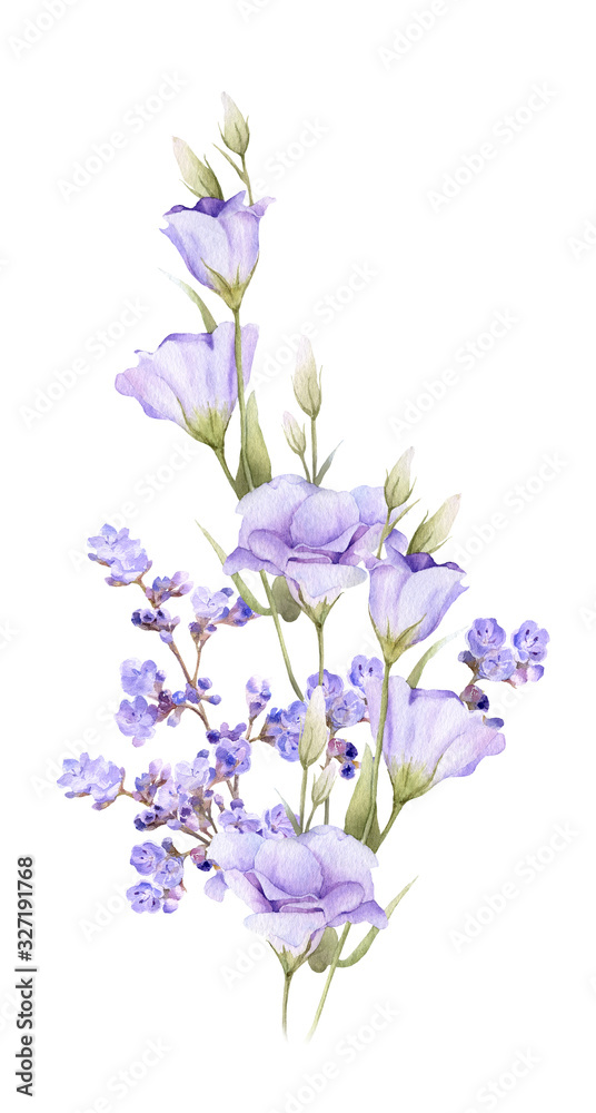 Hand drawn watercolor bouquet of picturesque blue flowers and blue eustomas (bluebells) isolated on a white background. Floral botanical illustration for wedding invitations, cards, patterns