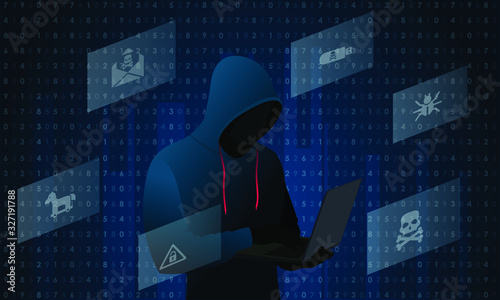 Hooded Hacker hacking laptop on binary code Background with various internet threats icons. Hacking and malware concept.
