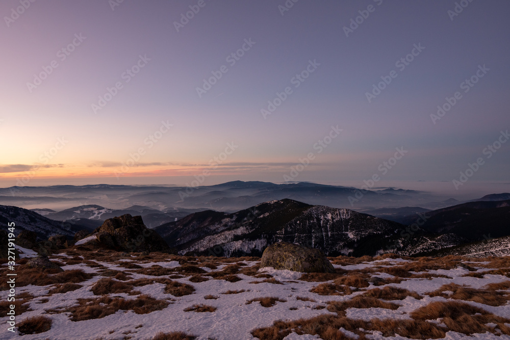 Sunrise in snowy mountains, Slovakia Low Tatras, dumbier