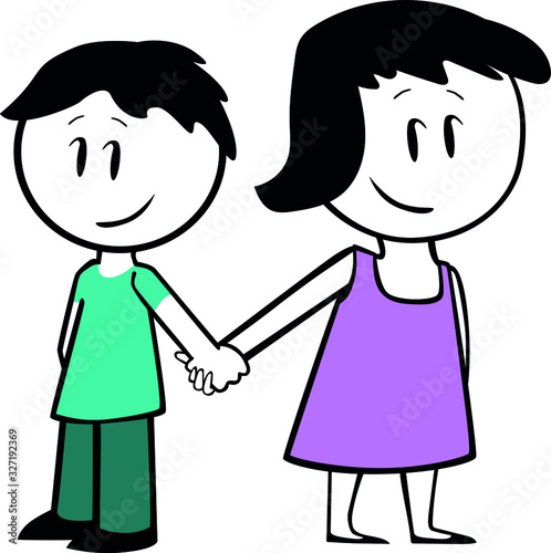 Vector drawing of cartoon boy and girl holding hands