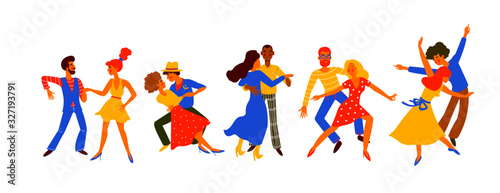 Set of men and women dancing salsa, samba, rumba, latin dance. Male and female dance at school. Characters having fun at party. Flat colorful vector illustration.