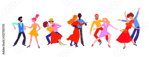 Set of men and women dancing salsa  samba  rumba  latin dance. Male and female dance at school. Characters having fun at party. Flat colorful vector illustration.
