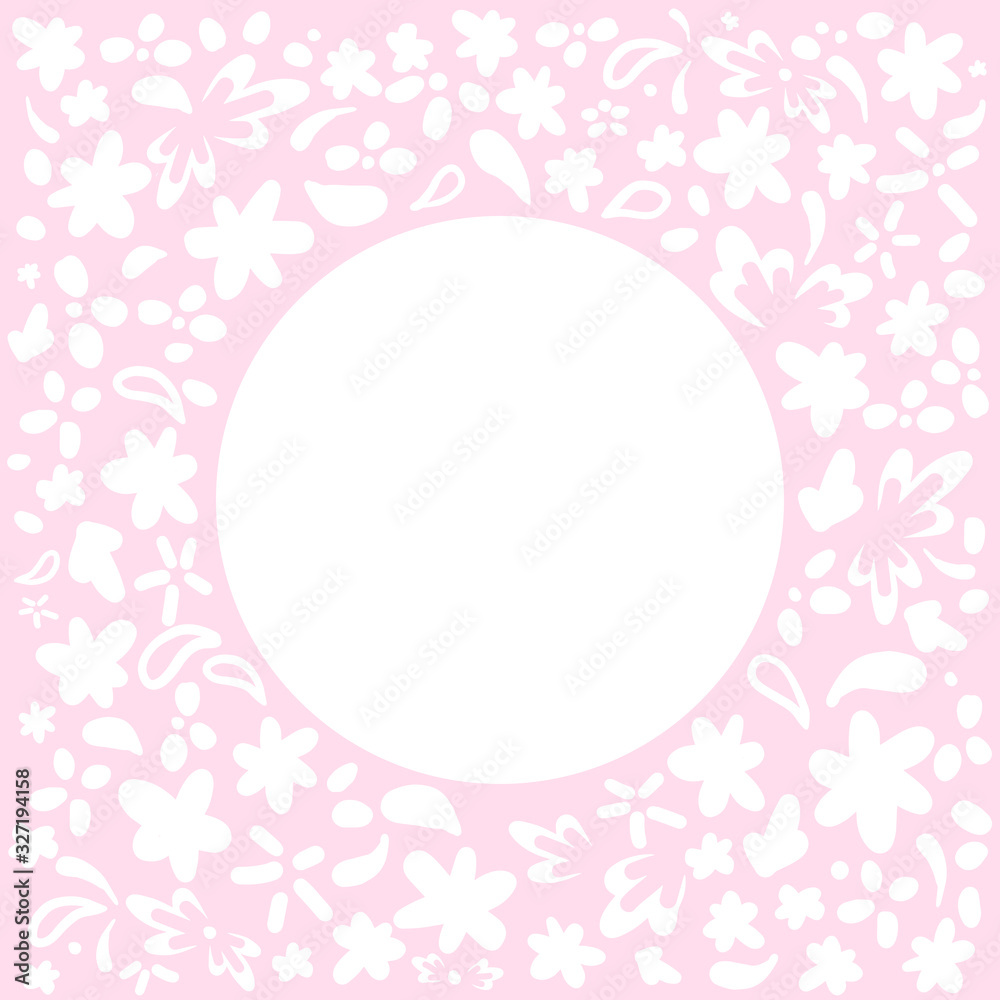 Floral frame white flowers on a pink background. Vector frame with round place for text. Greeting card tamplate with copyspace for invitations to a birthday, wedding, Instagram post, photo frame.