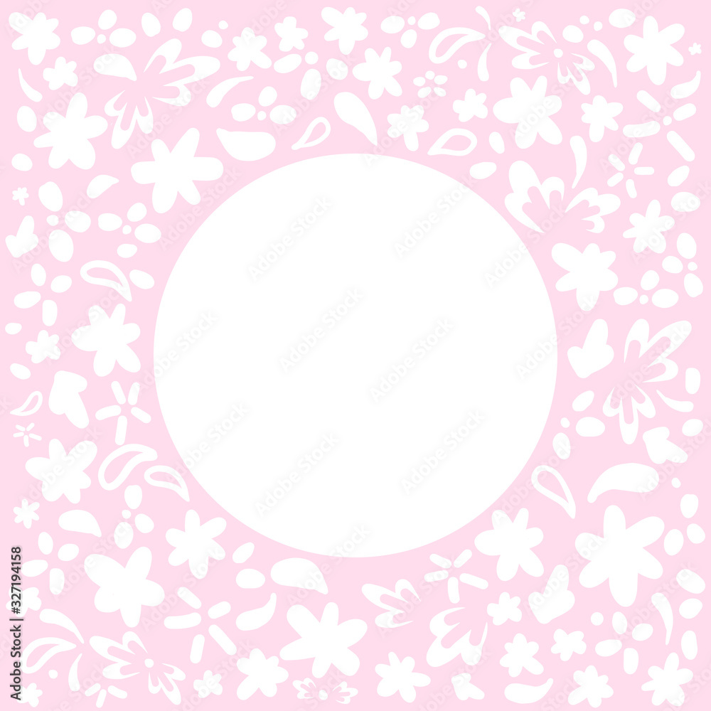 Floral frame white flowers on a pink background. Vector frame with round place for text. Greeting card tamplate with copyspace for invitations to a birthday, wedding, Instagram post, photo frame. Floral frame white flowers on a pink background. Vector frame with round place for text. Greeting card tamplate with copyspace for invitations to a birthday, wedding, Instagram post, photo frame.