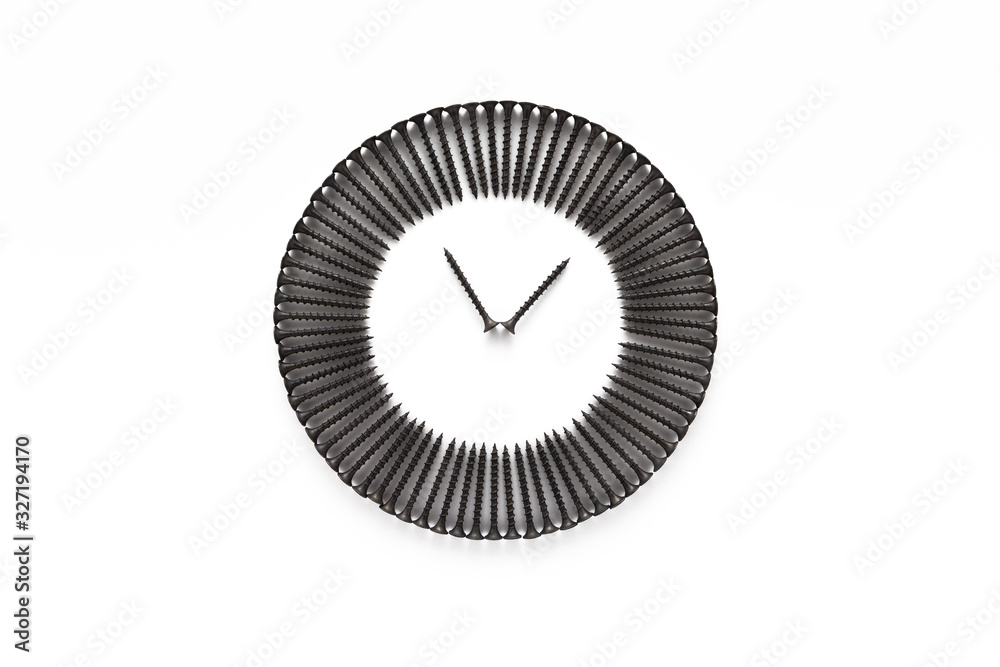 Screws instead of the clock on round frame on white. Isolated. Screws instead of the clock on round frame on white. Isolated.
