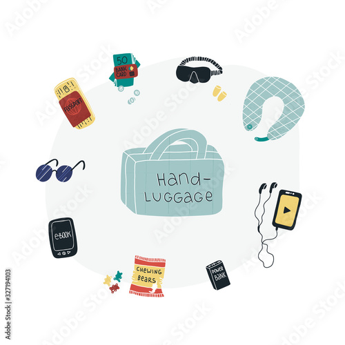 Travel packing hand-luggage fun vector set - power bank, electronic book, sleep mask and ear muffs, neck pillow, sunglasses, passport, ticket, chewing bears and others. Flat vector illustration.
