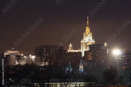 Moscow winter night city, view from the hill.