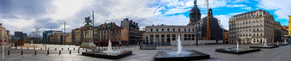 panoramic view of jaude square and water jets in Clermont-Ferrand. Puy-de-Dôme, France.