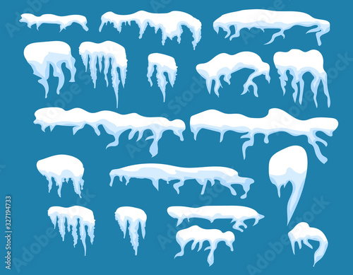 Snow caps, ice cap winter decoration. Snowy frames Vector isolated