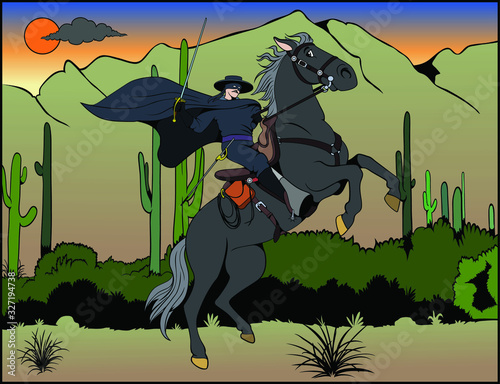 Zorro riding in the desert