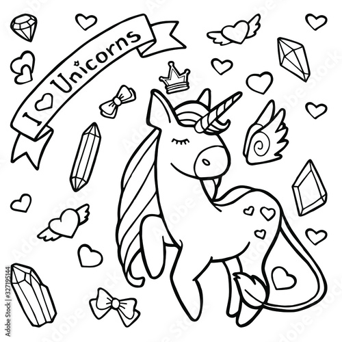 Vector illustration. Hand drawing. Cartoon unicorn. Magical items. Crystals, stars, hearts, elixirs. The inscription "I love unicorns." Isolated on white. Coloring page. Cute character.
