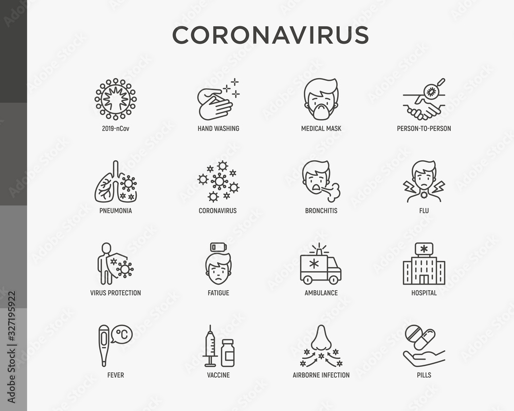 Coronavirus thin line icons set. Symptoms and prevention: 2019-ncov, surgical mask, person-to person, hand washing, pneumonia, bronchitis, ambulance, hospital, fatigue, vaccine. Vector illustration.