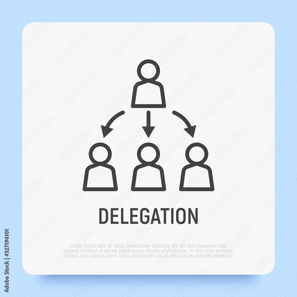 Delegate thin line icon. Boss and employees. Corporate staff. Business relationship. Modern vector illustration. Delegate thin line icon. Boss and employees. Corporate staff. Business relationship. Modern vector illustration.