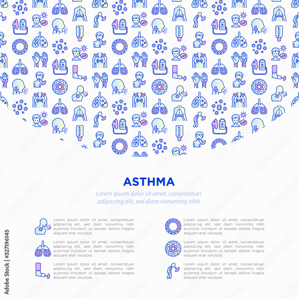 Asthma concept with thin line icons: allergen, dyspnea, cough, wheezing, chest pain, diaphragm, hives, sputum, peak flow meter, inhaler, nebulizer. Vector illustration, template with copy space.