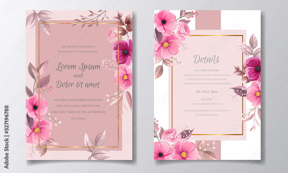 Romantic maroon wedding invitation card template set with rose cosmos flowers and leaves <span>plik: #327196788 | autor: mariadeta</span>
