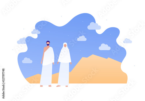 Islamic hajj piligrimage concept. Vector flat person illustration. Man and woman in white pilgrim cloth near Arafat mountain. Design element for banner, poster, clip art, web, tourism guide.