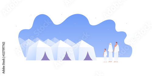 Islamic hajj piligrimage concept. Vector flat person illustration. Man and woman with kids in pilgrim cloth near Atent. Design element for banner, poster, clip art, web, tourism guide.