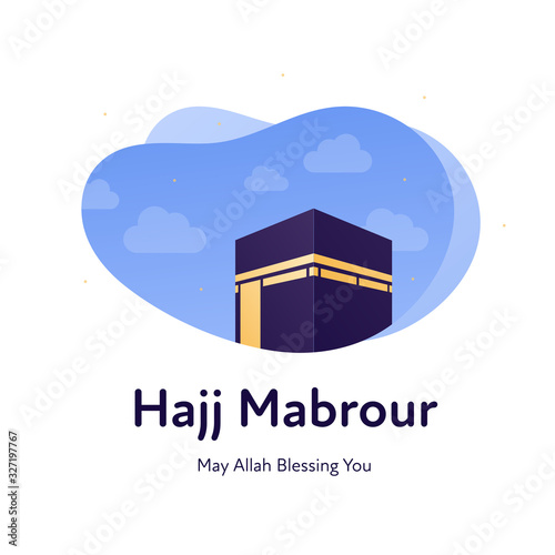 Islamic piligrimage concept banner. Vector flat illustration. Hajj mabrour typography means "may Allah accept your hajj. Eid Mubarak. Kaaba holy site on sky background. Design element.