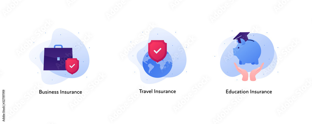 Insurance color icon collection. Business, travel and education concept. Vector flat Illustration set. Briefcase, planet with red shield, hands holding piggybank. Design element for banner, web, ui Insurance color icon collection. Business, travel and education concept. Vector flat Illustration set. Briefcase, planet with red shield, hands holding piggybank. Design element for banner, web, ui