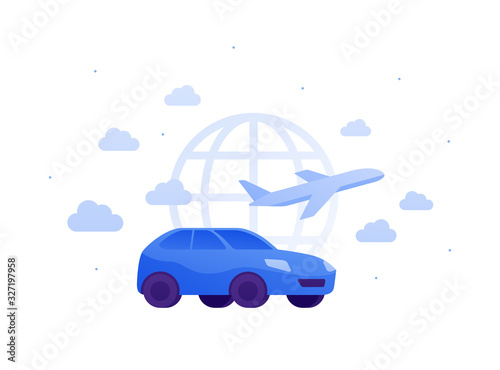 Taxi airport service concept. Vector flat person illustration. Blue taxi car, airplane and planet sign on skyscape background with clouds. Design element for banner, poster, ui, web.