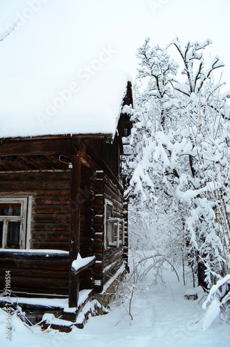 View of small wooden country house under snow photo