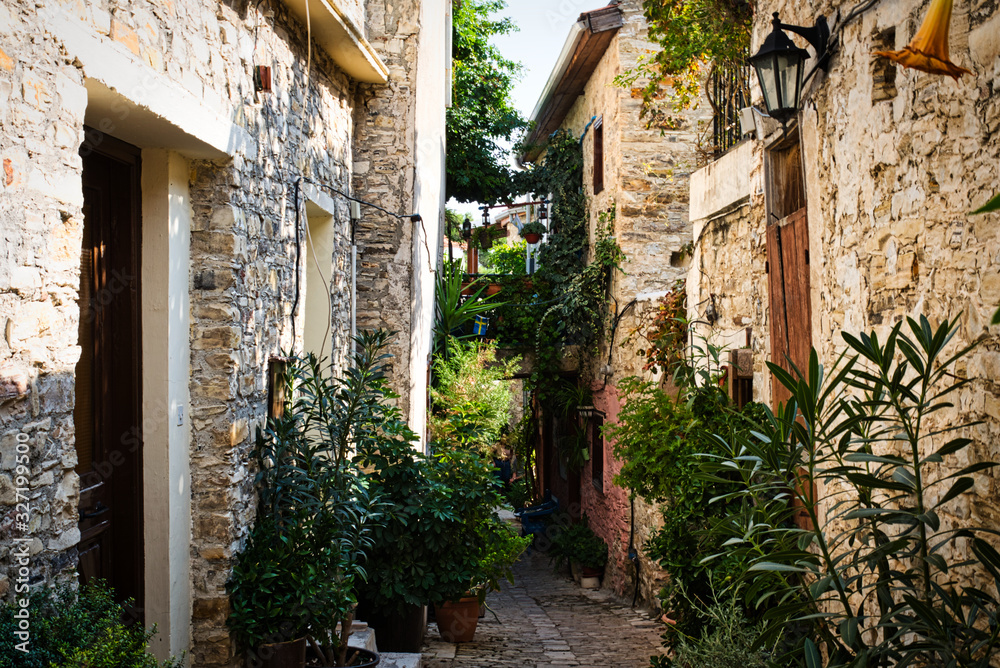 Lefkara village street in Cyprus. Old villega street with plants in an amazing place