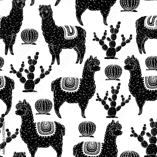 Alpaca seamless pattern. Hand drawn vector illustration. Cute llamas and cactus. Alpaca, llama, cactus background.