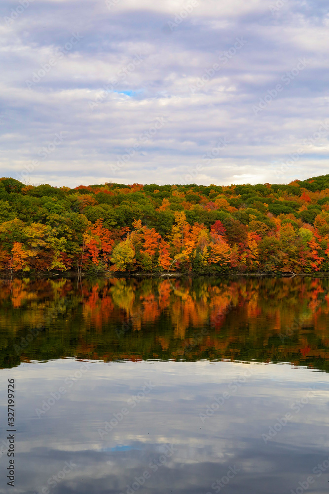 Colorful and autumnal trees reflecting in the water, at the St Bruno national park, Quebec Colorful and autumnal trees reflecting in the water, at the St Bruno national park, Quebec