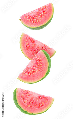 Isolated guava slices. Four wedges of green pink fleshed guava fruits isolated on white background with clipping path photo