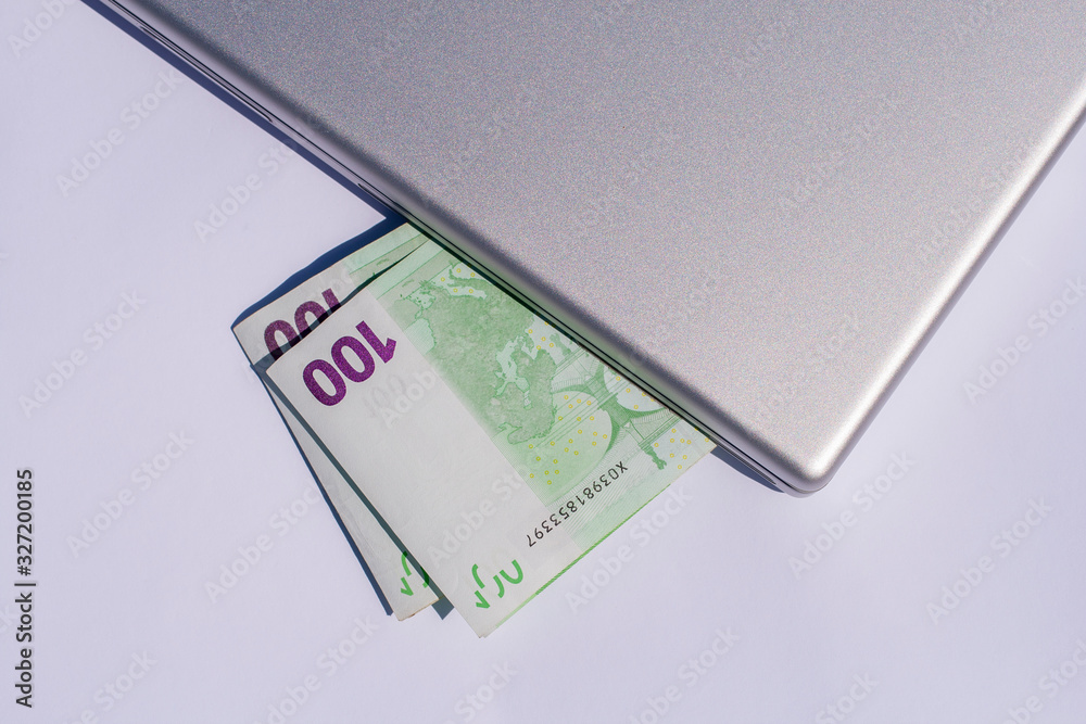 Euro banknotes in a silver laptop. Euro banknotes in a silver laptop.