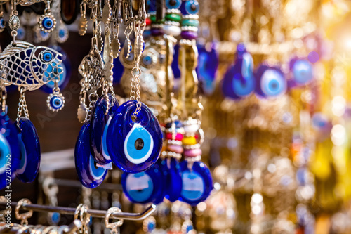 Beatiful nazars, eye shaped amulets in open market at local bazaar in Petra, Jordan