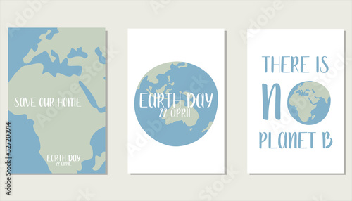 Happy Earth Day, environment safety celebration. Vector set of 3 ready-to-use card. Perfect for print, social poster, ecology postcard, flyer