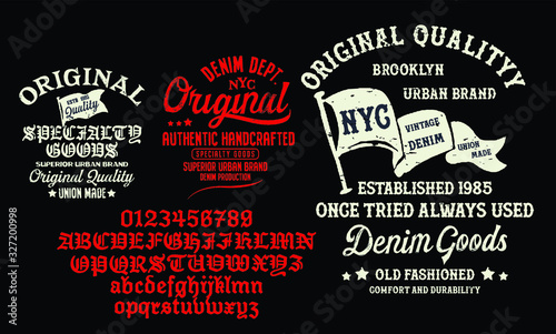 Vector illustration on the theme of denim, raw and jeans in New York City. Vintage design. Grunge background. Typography, t-shirt graphics, print, poster, banner, flyer, postcard.Handmade Vintage Font photo