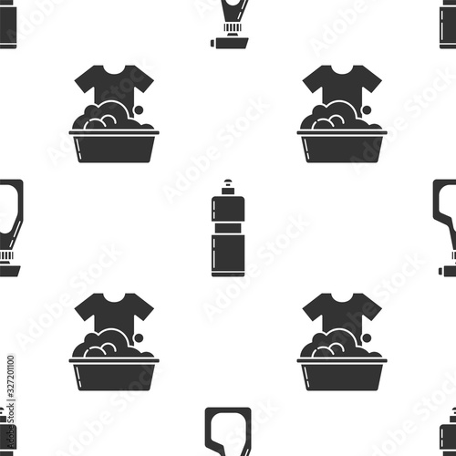 Set Cleaning spray bottle with detergent liquid , Plastic bottles for liquid dishwashing liquid and Plastic basin with soap suds on seamless pattern. Vector