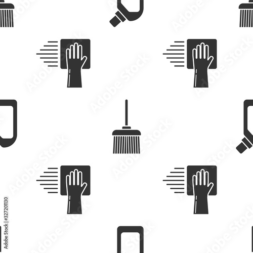 Set Plastic bottles for liquid dishwashing liquid, Handle broom and Cleaning service on seamless pattern. Vector