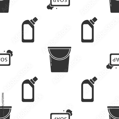Set Bar of soap with foam , Bucket and Plastic bottles for liquid dishwashing liquid on seamless pattern. Vector