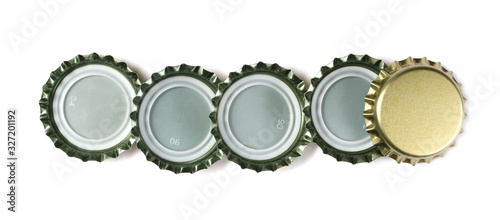Set new bottle cap for beer isolated on white, top view, macro 