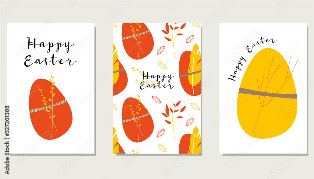 Vector set of 3 bright Easter cards. Cute easter eggs with feathers, branch and leaves. Eco decoration. Perfect for textile, poster, print, card, invitation, greeting, tag