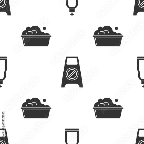 Set Plastic bottles for liquid dishwashing liquid, Wet floor and cleaning in progress and Plastic basin with soap suds on seamless pattern. Vector