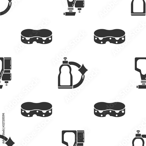 Set Plastic bottles for liquid dishwashing liquid, Plastic bottles for liquid dishwashing liquid and Sponge on seamless pattern. Vector