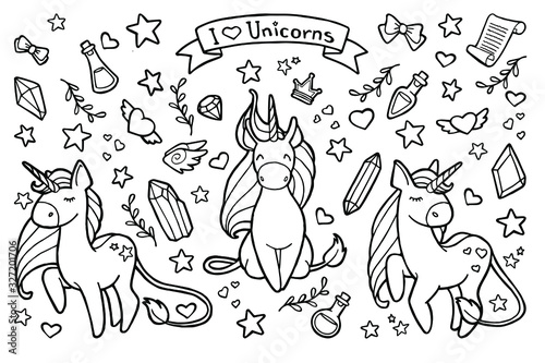 Vector illustration. Hand drawing. Cartoon unicorn. Magical items. Crystals, stars, hearts, elixirs. The inscription 