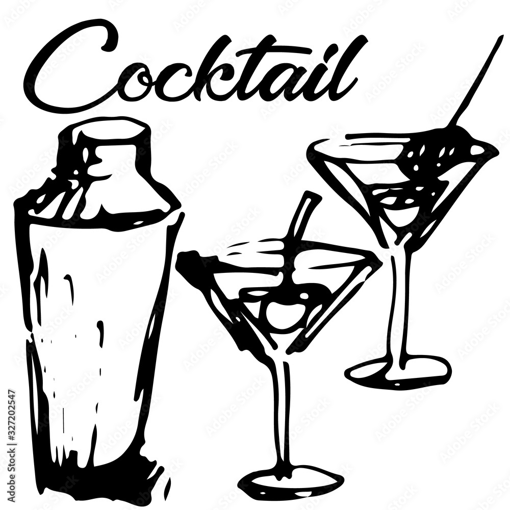 Vector illustration of cocktail shaker and martini glasses sketched  Stock-vektor | Adobe Stock