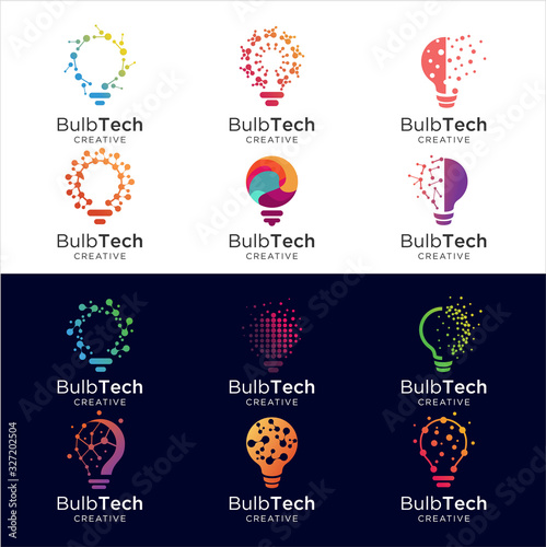 Set Of bulb tech logo icon . Bulb Logo Design Colorfull . Idea creative light bulb logo . Bulb digital logo technology Idea