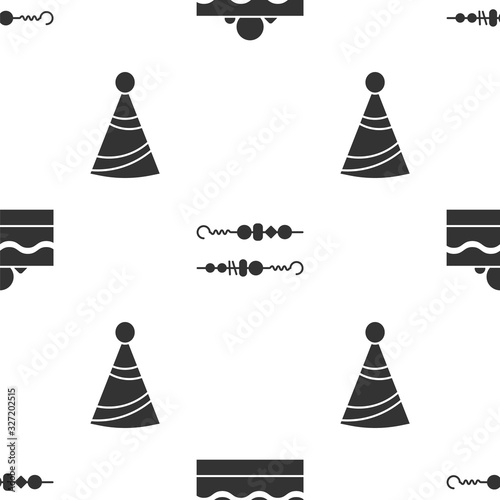 Set Cake , Grilled shish kebab and Party hat on seamless pattern. Vector