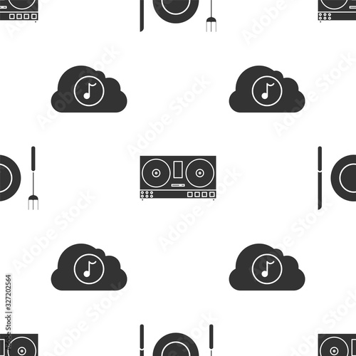 Set Plate, fork and knife , DJ remote for playing and mixing music and Music streaming service on seamless pattern. Vector