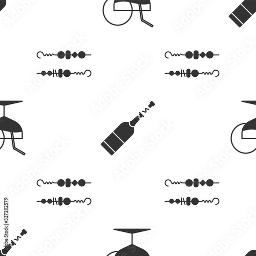 Set Martini glass , Champagne bottle and Grilled shish kebab on seamless pattern. Vector